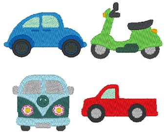 Cute Vehicles VW Beetle, Scooter, VW Van, Truck Machine Embroidery Design, 4 designs, 3 sizes, 11 formats