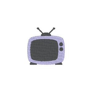 May include: Embroidered design of a vintage television set. The TV has a light purple frame, a dark gray screen, and two small knobs on the right side. Two small antennas are on top. The design is on a white background.