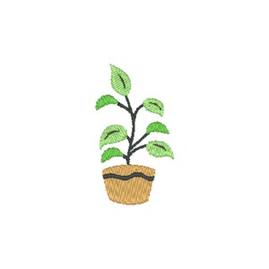Puede incluir: Una pequeña planta en maceta con hojas verdes y una maceta marrón. La planta tiene un diseño simple y estilizado.