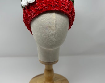 Red and Green Christmas Winter Hat with Flower, Large