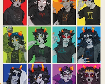 May include: Photocards with illustrations of characters with horns and dark hair, each representing a zodiac sign. The cards are 5.8 cm x 8.9 cm and printed on luster paper. The title "TROLL PHOTOCARDS" is at the top.