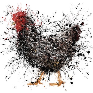 Può includere: Un dipinto astratto in bianco e nero di un pollo con accenti rossi. Il pollo è raffigurato in uno stile di pittura a spruzzo, con vernice nera e bianca spruzzata intorno all'uccello.