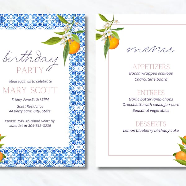 Mediterranean Inspired Blue and Orange Birthday Stationary Set - 4 Piece Digital Download Template - Invitation, Menu, and MORE!