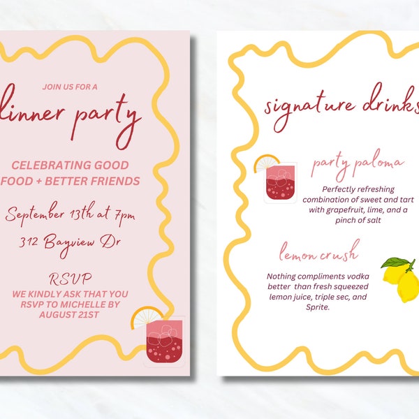 Tuscan Inspired Birthday or Dinner Party Stationary Set - 4 Piece Digital Download Template - Customizable Waver Invitation, Menu, and MORE