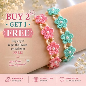 Crochet Flower Bracelet with Pearls | Handmade Friendship Jewelry, Adjustable Cotton Cord