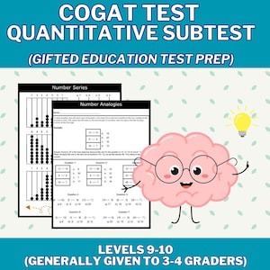 May include: A pink cartoon brain with glasses is pointing to a worksheet with the title "COGAT TEST QUANTITATIVE SUBTEST (GIFTED EDUCATION TEST PREP)". The worksheet contains number series and number analogies questions for levels 9-10, generally given to 3-4 graders.