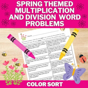 Vårtema multiplikation och division ordproblem matte färg sorteringsblad