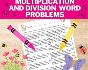 Hoja de trabajo de clasificación por colores de problemas matemáticos de multiplicación y división con temática de primavera
