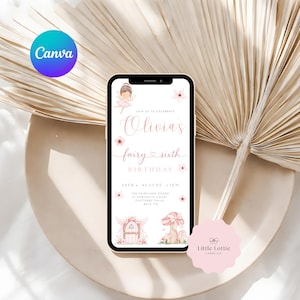 May include: A smartphone displaying a digital birthday invitation for Olivia's sixth birthday. The design features a fairy, pink flowers, a mushroom, and a small door. Text includes: Join us to celebrate Olivia's fairy sixth birthday, 29th August, 1pm.