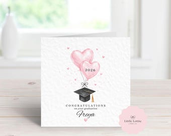 Personalised Graduation Card 2026, Custom Name Graduation Card, Watercolor Heart Balloon Grad Card, Class of 2026 Congratulations Card