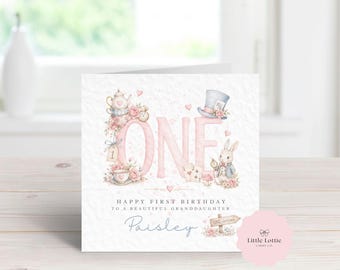 Personalised ONE-derland First Birthday Card | Wonderland Tea Party Birthday Card | Custom Name Card