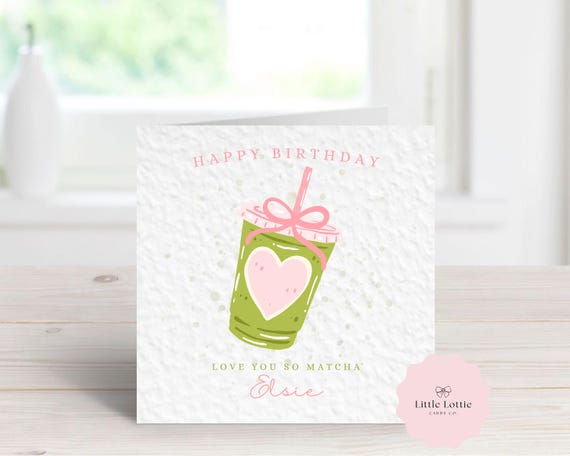 Personalised Matcha Birthday Card | Heart Cup Coquette, Custom Name