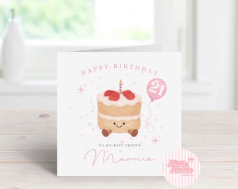 May include: A square greeting card with a white background featuring a cartoon cake with a smiling face, red strawberry toppings, and a single candle. The text reads Happy Birthday, To My Best Friend, Marnie, and a pink balloon with the number 21.