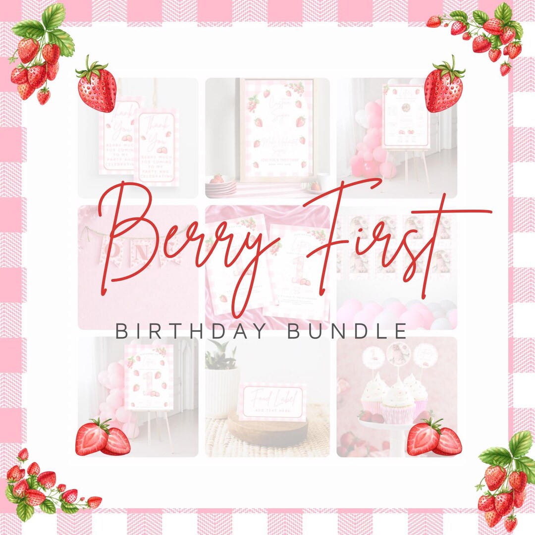 Pink Gingham Berry First Birthday Bundle Templates. Invitations ...