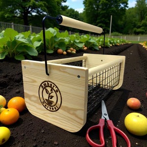 Cesta de madera personalizada para cosechar con asa giratoria: cestas grandes para recolección de jardín de 40 x 20 x 20 cm, regalo para jardineros. imagen 11