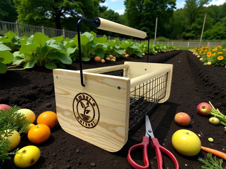 Cesta de madera personalizada para cosechar con asa giratoria: cestas grandes para recolección de jardín de 40 x 20 x 20 cm, regalo para jardineros. imagen 11
