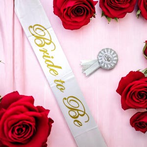 Bride To Be Sash and Badge Set – Satin Bachelorette Party Sash, Bridal Shower Bride Accessory, Hen Party Favor
