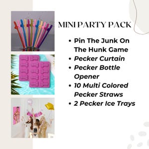 What’s Included (Mini Party Pack):
✨ Pin The Junk On The Hunk Game
✨ One Curtain
✨ Bottle Opener
✨ 10 Multi Colored Straws (On of each color, perfect to use as drink markers!)
✨ 2 Ice Tray