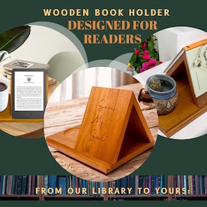 May include: Wooden book holder designed for readers. The holder is made of natural wood and has a triangular shape. It features a small shelf for a cup or other items. The holder is shown with a book, a cup of coffee, and an e-reader.