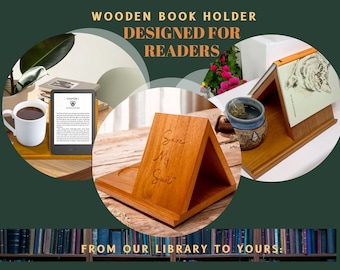 Engraved Wooden Book Holder: 4-in-1 E-Reader & Mug Stand