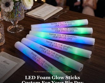 100 LED Foam Glow Sticks for Wedding Send Off | Personalized Wedding Favors | Light Up Foam Batons Reception Dance Floor Party Bulk