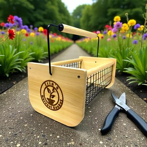 Cesta de madera personalizada para cosechar con asa giratoria: cestas grandes para recolección de jardín de 40 x 20 x 20 cm, regalo para jardineros. imagen 12