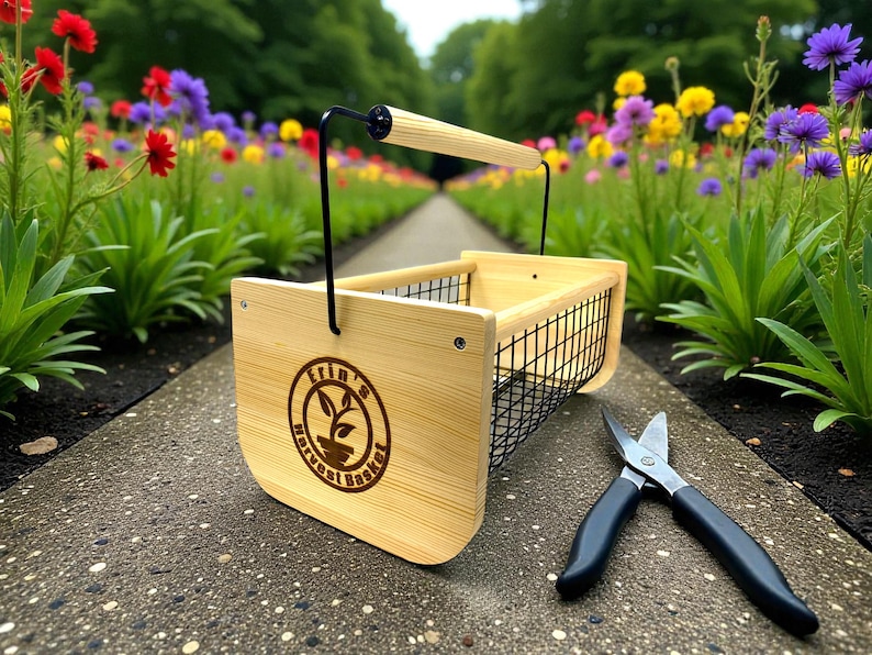 Cesta de madera personalizada para cosechar con asa giratoria: cestas grandes para recolección de jardín de 40 x 20 x 20 cm, regalo para jardineros. imagen 12