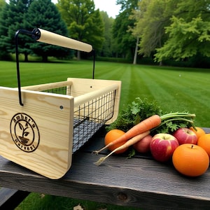 Cesta de madera personalizada para cosechar con asa giratoria: cestas grandes para recolección de jardín de 40 x 20 x 20 cm, regalo para jardineros. imagen 13
