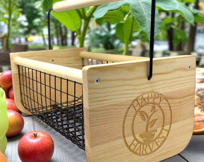 Personalized Garden Harvest Basket with Rotating Handle – Wooden Hod for Vegetables, Flowers & Herbs, Custom Engraved Gardener Gift Options