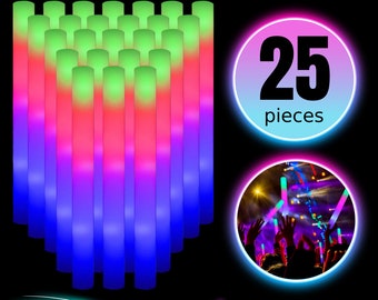 Ginat LED Foam Glow Sticks 25 Pcs, Super Soft Glow In The Dark Party Lights Sticks, 3 Modes Flash, Solid, and Fast Flash, 16 Inches Long