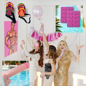 May include: Three women wearing party attire are gathered around a pool. One woman is blindfolded and holding a pink inflatable pool float. The other two women are smiling and holding pink ribbon streamers. There is a pink and white target board with a man's silhouette on it in the background.
