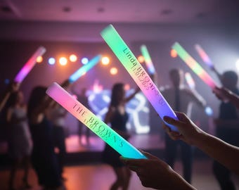 100 Personalized LED Foam Sticks |  Light-Up Wedding Wands Custom Hand Applied labels, Glow Sticks for Graduations, Quinceañera Party Favors