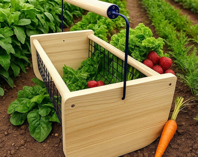 Handmade Wooden Harvest Basket – Garden Gathering Hod with Rotating Handle, Rustic Farmhouse Tote for Vegetables, Fruits Personalized Option