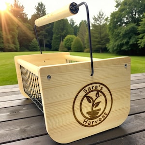 Cesta de madera personalizada para cosechar con asa giratoria: cestas grandes para recolección de jardín de 40 x 20 x 20 cm, regalo para jardineros. imagen 15