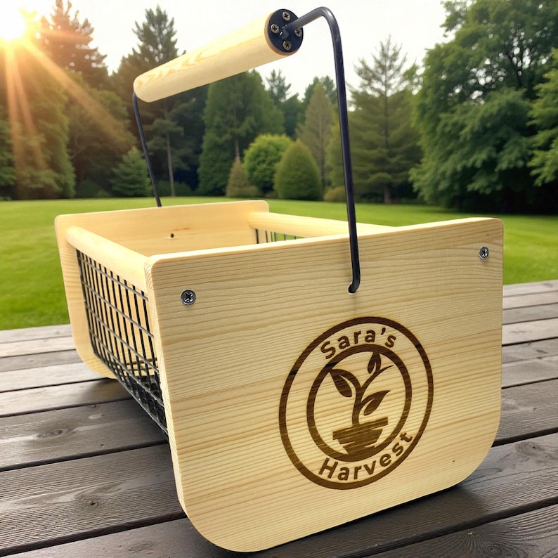 Cesta de madera personalizada para cosechar con asa giratoria: cestas grandes para recolección de jardín de 40 x 20 x 20 cm, regalo para jardineros. imagen 15