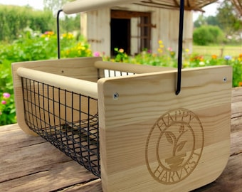 Personalized Wooden Harvest Basket with Rotating Handle: Large Garden Gathering Harvesting Baskets 16x8x8inches Gift For Gardeners Veggie