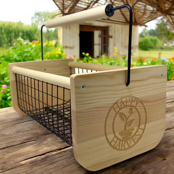 Personalized Wooden Harvest Basket with Rotating Handle: Large Garden Gathering Harvesting Baskets 16x8x8inches Gift For Gardeners Veggie