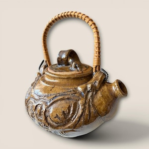 Vintage Studio Pottery Teapot Signed Tracy, Brown Glazed Stoneware Teapot With Bamboo Handle, Possibly Dated 1972
