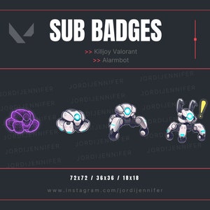 May include: A set of three animated Twitch sub badges featuring a purple cloud, a white robot with blue eyes, and a white robot with blue eyes and bunny ears. The badges are designed for the video game Valorant and feature the text "JORDIJENNIFER" and the text "Killjoy Valorant" and "Alarmbot".