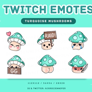 Turquoise Cute Kawaii Mushroom Emote for Stream 6-Pack - Twitch, Discord, YouTube