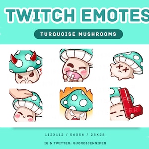 Turquoise Cute Kawaii Mushroom Emote for Stream 6-Pack - Twitch, Discord, YouTube