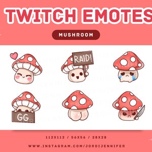 Emote fofo de cogumelo Kawaii para Stream 6-Pack - Twitch, Discord, YouTube