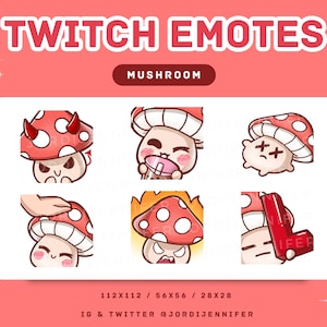 Emote fofo de cogumelo Kawaii para Stream 6-Pack - Twitch, Discord, YouTube