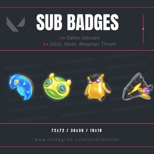 Valorant Gekko Dizzy Mosh Wingman Thrash Sub Badges 4-Pack for Stream - Twitch, Discord, YouTube