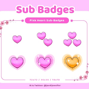 Pink Cute Kawaii Heart Sub Badges for Stream - Twitch, Discord, YouTube, TikTok
