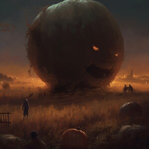 May include: A digital painting depicts a giant, menacing jack-o'-lantern looming over a field at dusk. The pumpkin has glowing orange eyes and a carved mouth. Figures are scattered across the landscape, with a dark, ominous sky overhead.