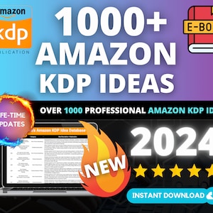 Puede incluir: Un ordenador portátil que muestra una hoja de cálculo con el título "Amazon KDP Idea Database". El portátil está sobre un fondo azul y morado con el texto "1000+ AMAZON KDP IDEAS" en blanco. Hay un icono de libro rojo con el texto "E-BOOK" en blanco. Hay un icono de llama roja y amarilla con el texto "NEW" en blanco. Hay una calificación de estrellas blanca con cinco estrellas. El texto "2024" está en blanco. El texto "LIFE-TIME UPDATES" está en blanco sobre un círculo azul y rojo. El texto "INSTANT DOWNLOAD" está en blanco sobre un icono de nube azul.
