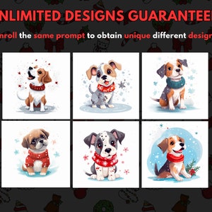 May include: Six different illustrations of cute cartoon dogs wearing winter clothing and hats. The dogs are all different breeds and have different expressions on their faces. The illustrations are set against a white background with snowflakes.