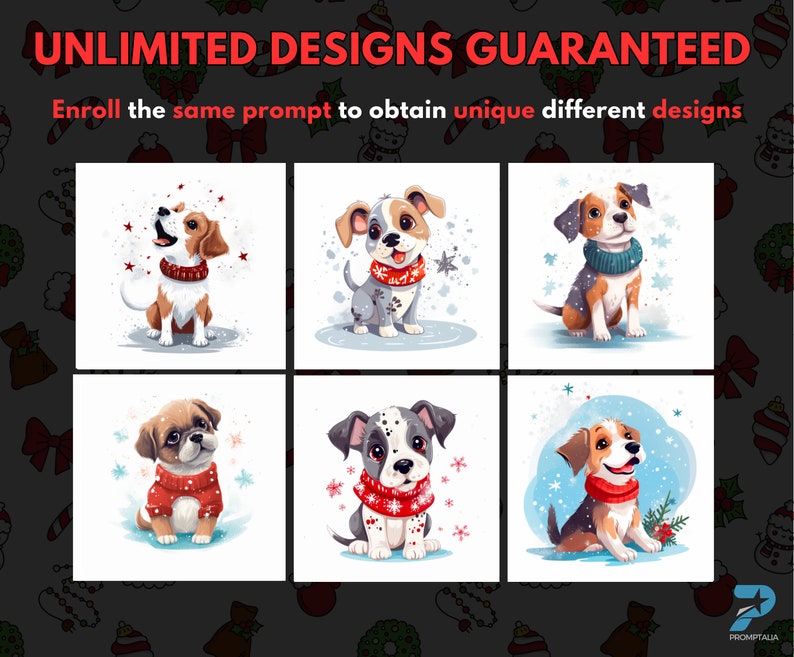 May include: Six different illustrations of cute cartoon dogs wearing winter clothing and hats. The dogs are all different breeds and have different expressions on their faces. The illustrations are set against a white background with snowflakes.