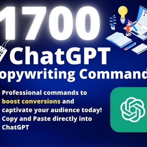 Pode incluir: Gráfico promocional com o texto "1700 ChatGPT Copywriting Commands". A imagem apresenta um logotipo verde do ChatGPT, uma ilustração de laptop e marcadores que destacam comandos profissionais para aumentar as conversões.